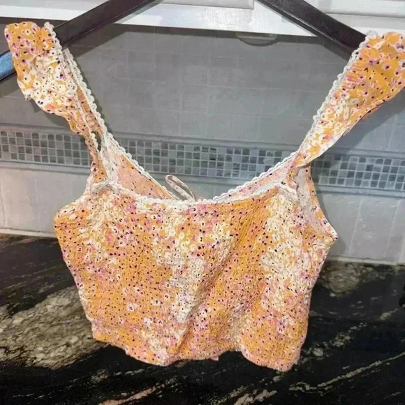 NWT!! Sim & Sam Ruffle Boho Crop Top Tank Size Small! Orange & Cream Floral - Picture 9 of 14